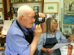 Boston printmaker, Dave McDonnell, in Maureen Booth's printmaking studio in Granada